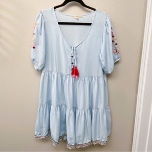 Chelsea & Violet Blue Dress with Red/Pink Embroidered Puff Sleeves size medium